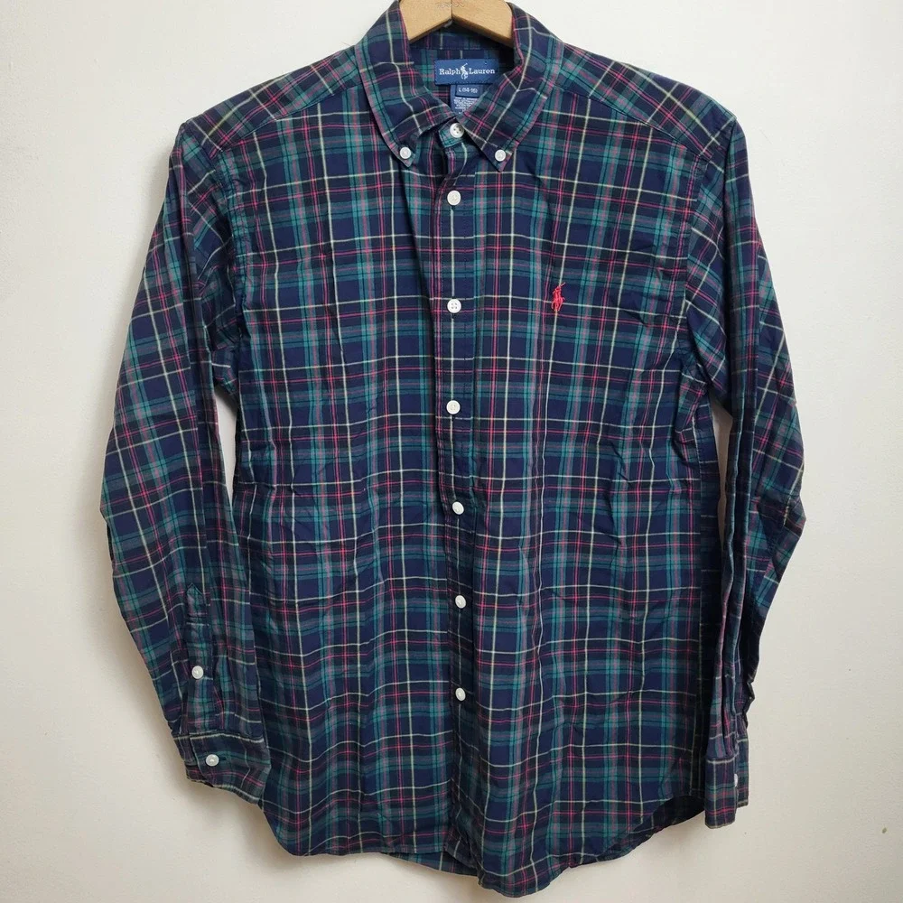 Ralph Lauren Large 14-16 Plaid Button Down Long Sleeve‎ Red Green Yellow Navy - Picture 2 of 8